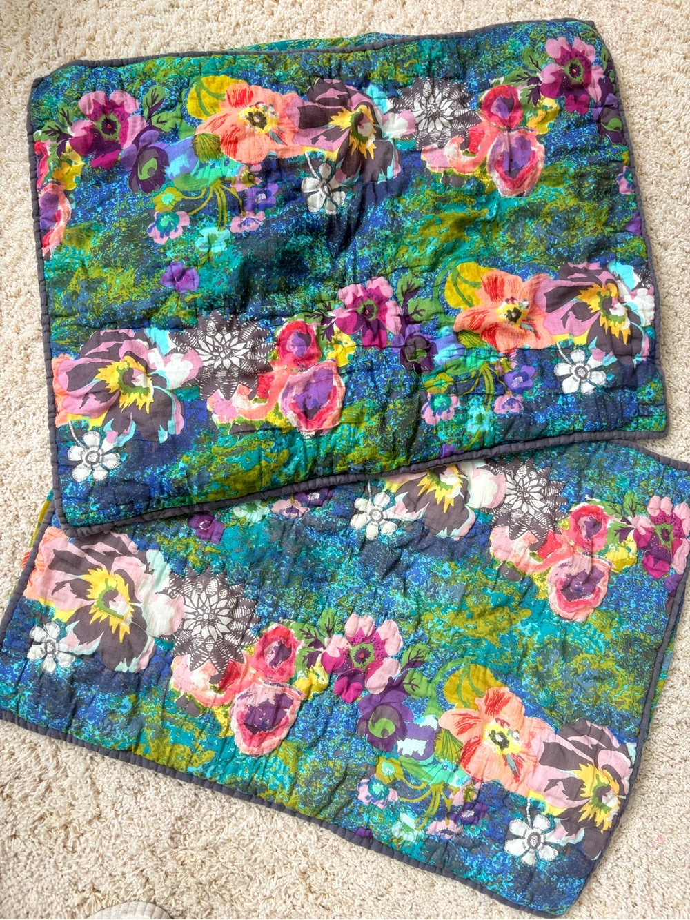 UO Set of 2 Floral Quilted Pillow Shams Blue and Pink Multi
